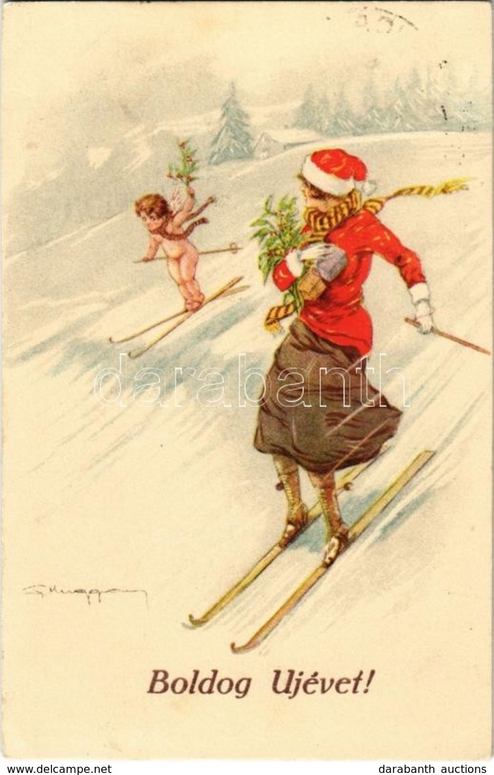 T2/T3 Boldog Újévet! / Winter Sport, New Year Greeting Card With Skiing Lady And Angel, Artist Signed (EK) - Ohne Zuordnung