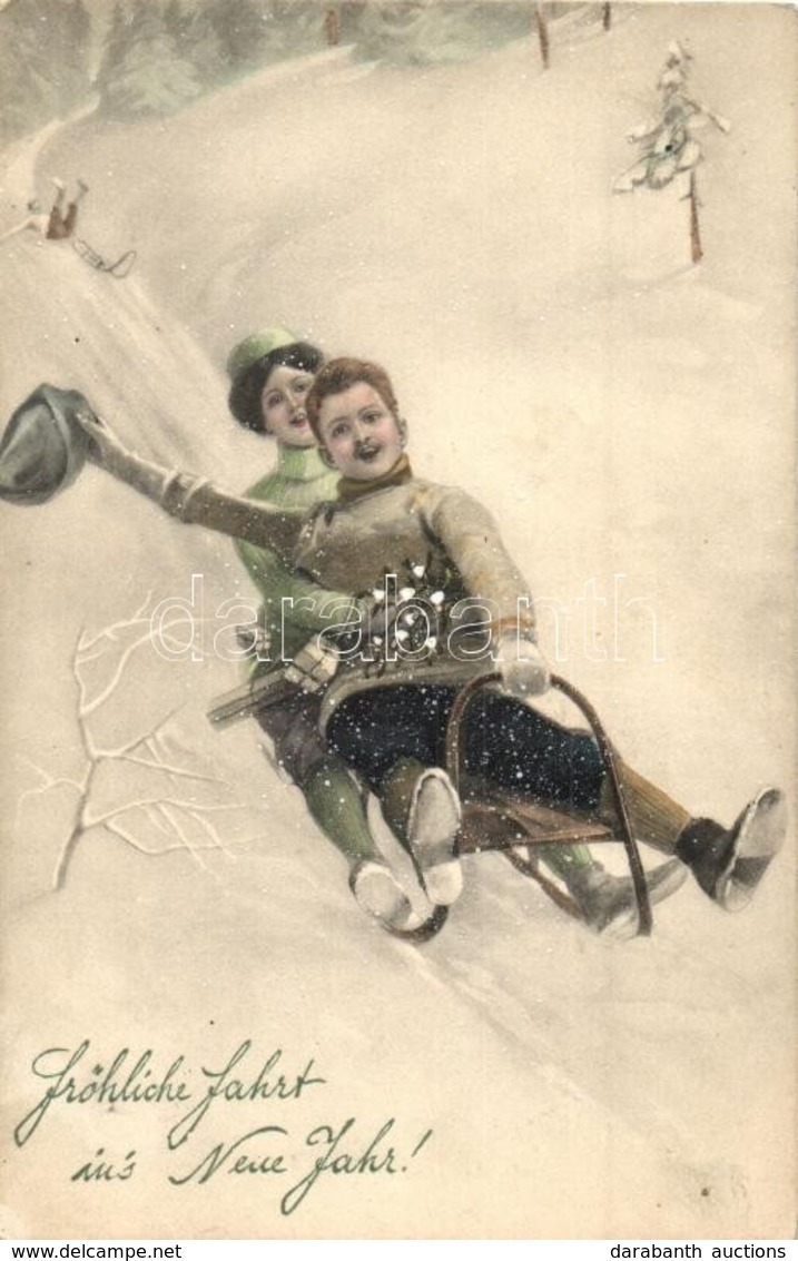 T2 Fröhliche Fahrt Ins Neue Jahr! / New Year Greeting Art Postcard With Sledding Couple. V.K. Vienne 5050. - Ohne Zuordnung