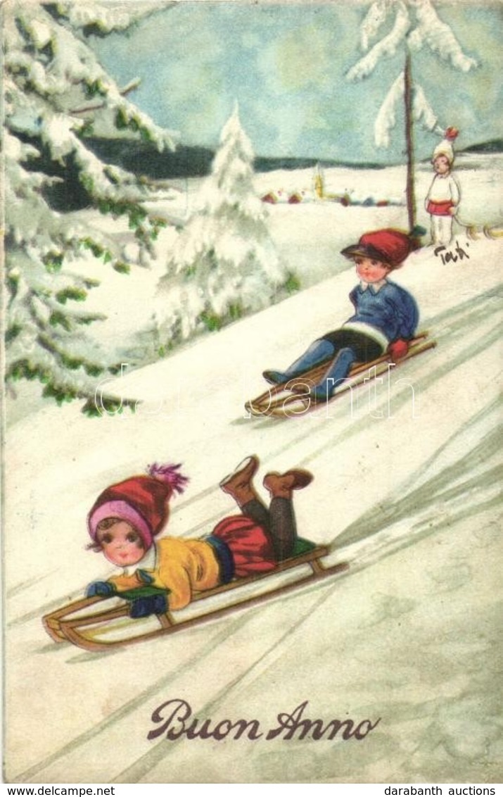 T2/T3 Buon Anno / New Year Greeting Art Postcard, Sledding Children (EK) - Ohne Zuordnung
