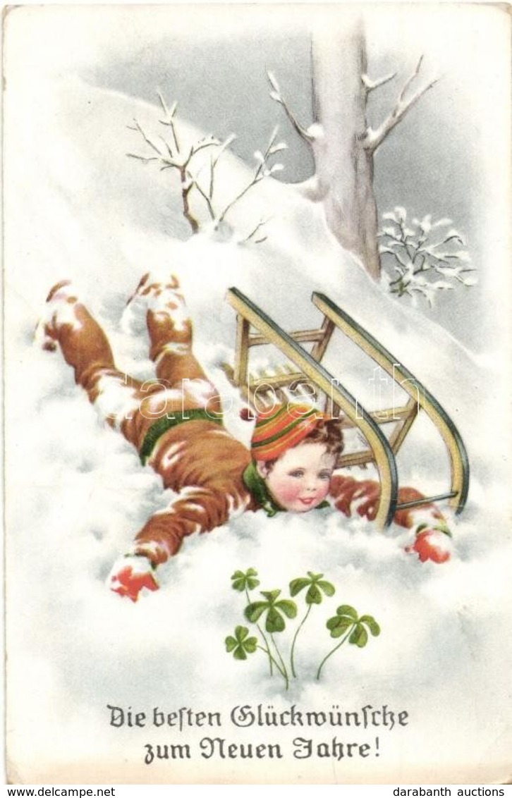 ** T3 Die Besten Glückwünsche Zum Neuen Jahre / New Year Greeting Card, Boy With Sled In The Snow, Clovers, Winter Sport - Ohne Zuordnung
