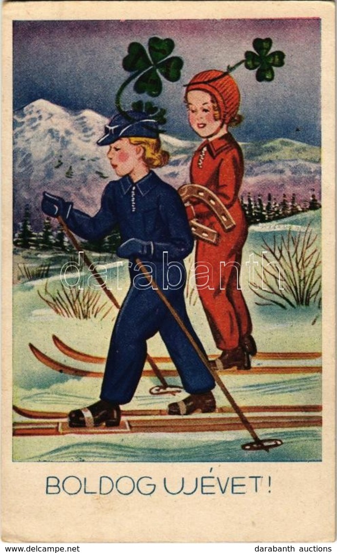 * T2/T3 Boldog Újévet! / Winter Sport, New Year Greeting Card With Skiing Ladies, Horseshoe, Clovers (Rb) - Ohne Zuordnung