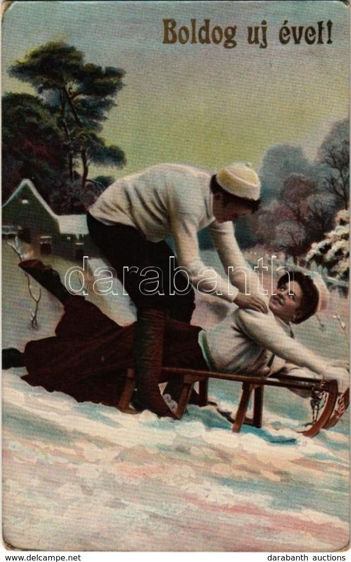 T2/T3 1910 Boldog Újévet! / Winter Sport, New Year Greeting Card With Sledding Couple (EB) - Ohne Zuordnung