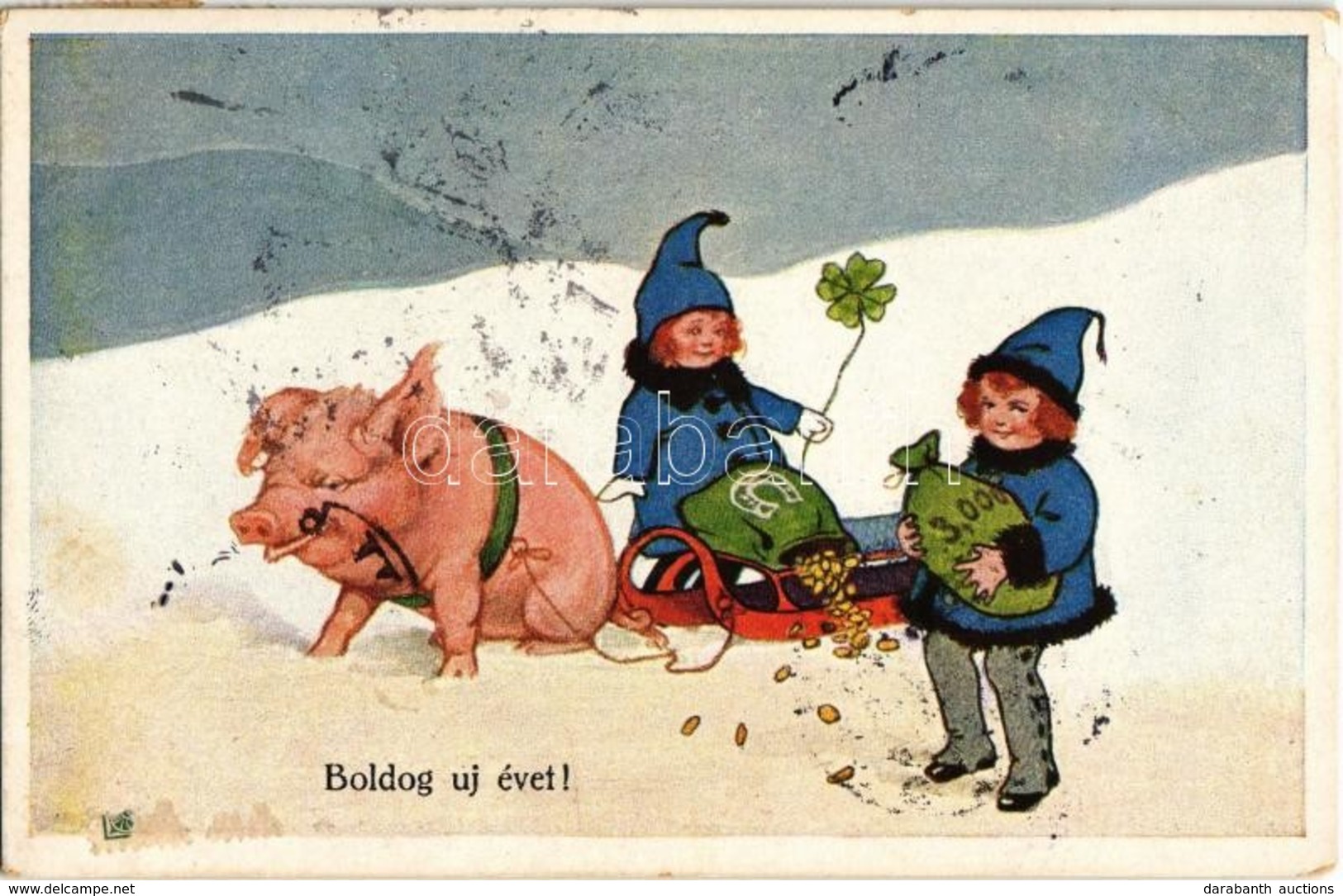 T2/T3 Boldog Újévet! / Winter Sport, New Year Greeting Card With Pig-drawn Sled, Clover, Horseshoe. G.G.W.H. Nr. 256. (E - Non Classificati