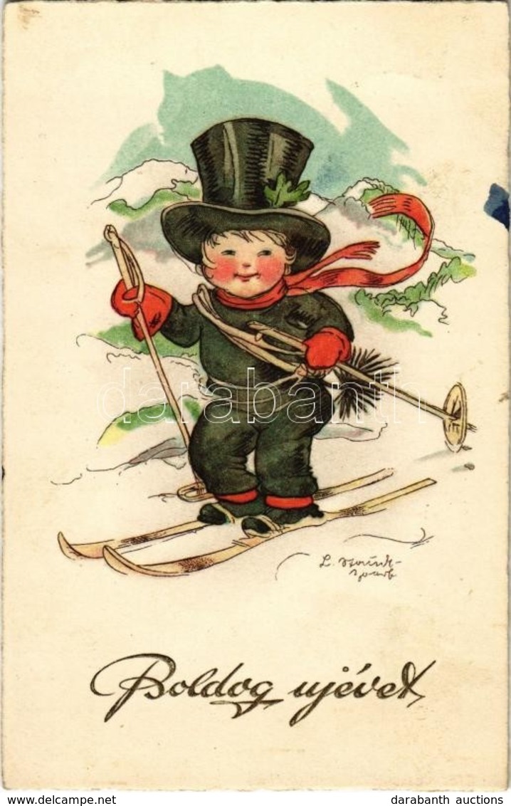 * T2/T3 Boldog Újévet! / Winter Sport, New Year Greeting Card With Skiing Chimney Sweeper, Artist Signed - Ohne Zuordnung