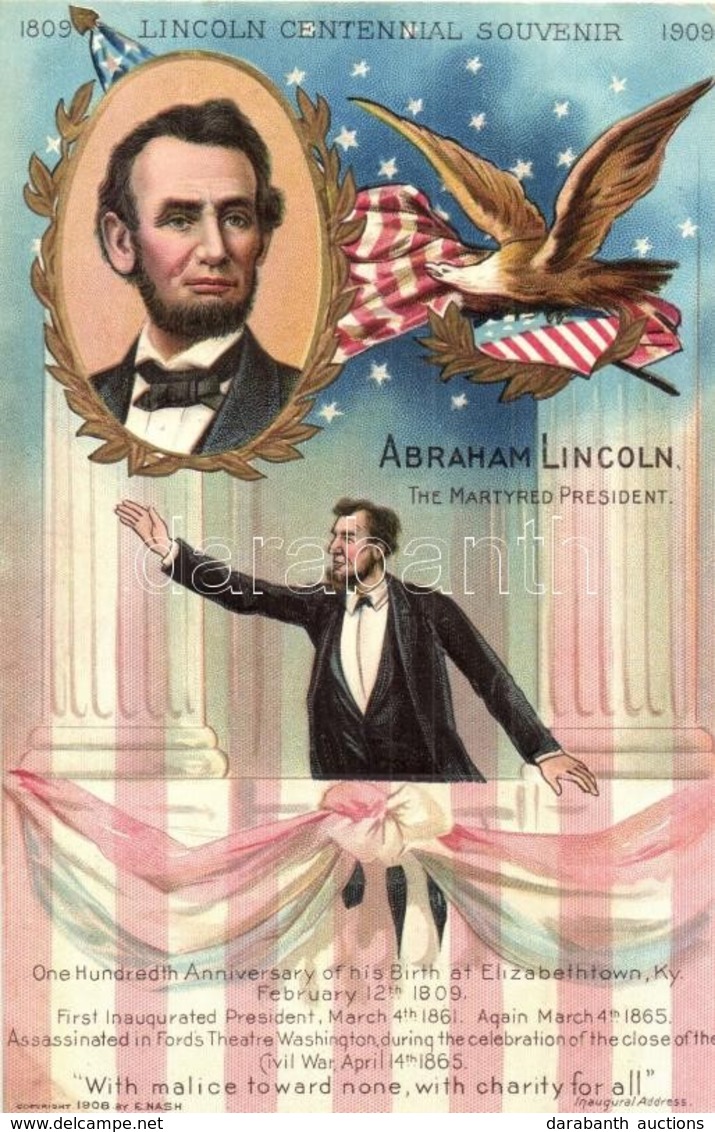 ** T1 Abraham Lincoln The Martyred President. 1809-1909 Lincoln Centennial Souvenir. Lincolns Birthday Series No. I. Emb - Ohne Zuordnung