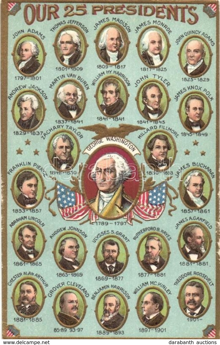 ** T2/T3 Our 25 Presidents. American Presidents With George Washington In The Middle. Flags, Emb. Litho - Ohne Zuordnung