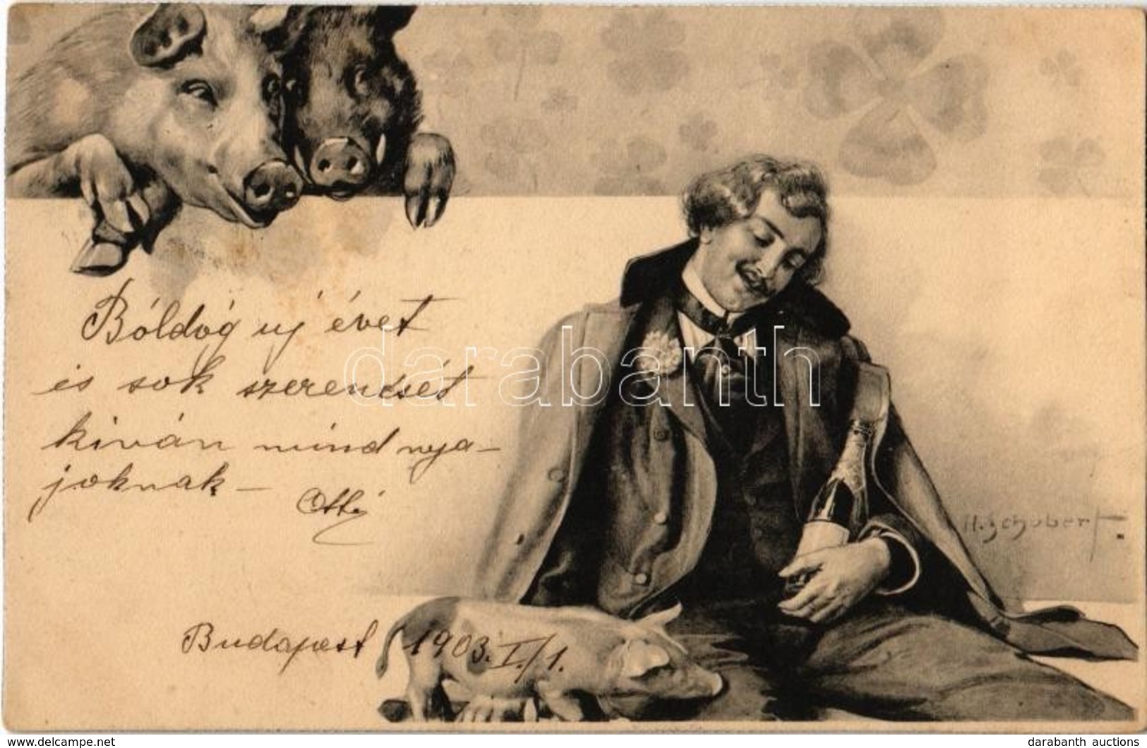 T2 1902 New Year Greeting Card With Pigs, Champagne, Drunk Man S: H. Schubert - Unclassified