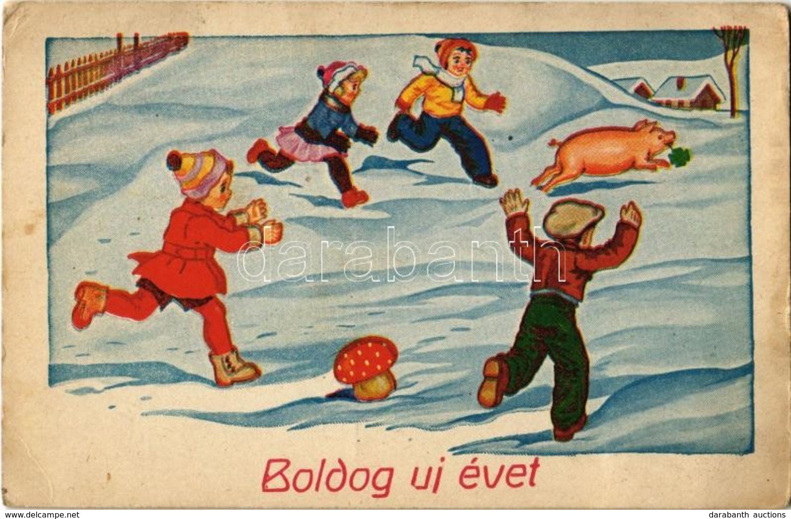 T2/T3 1946 'Boldog új évet', üdvözlőlap / New Year Greeting Card, Children, Mushroom, Pig, Clover (Rb) - Ohne Zuordnung