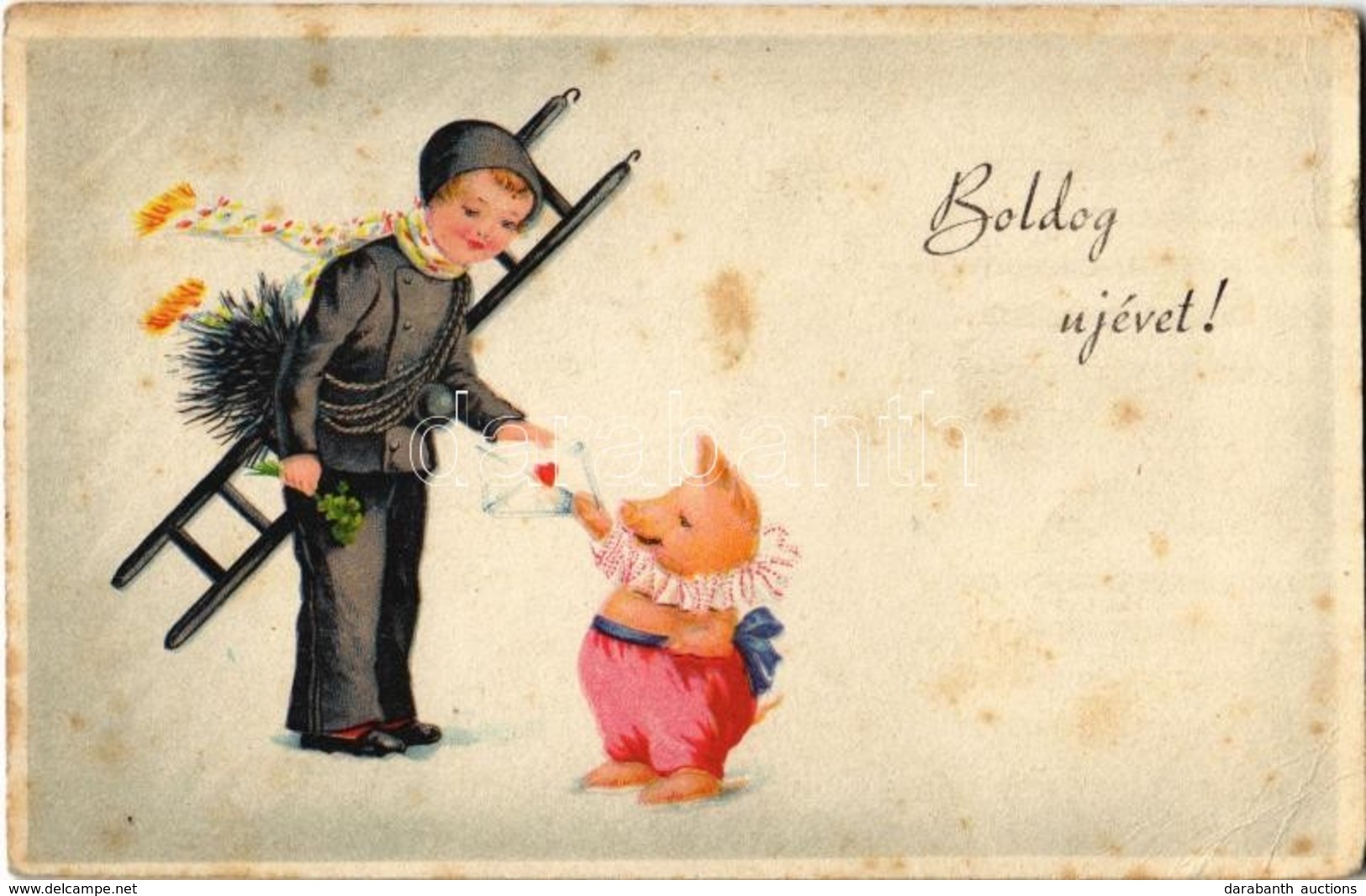 T2/T3 1941 'Boldog újévet!', üdvözlőlap / New Year Greeting Card, Chimney Sweeper, Clovers, Pig (fl) - Ohne Zuordnung