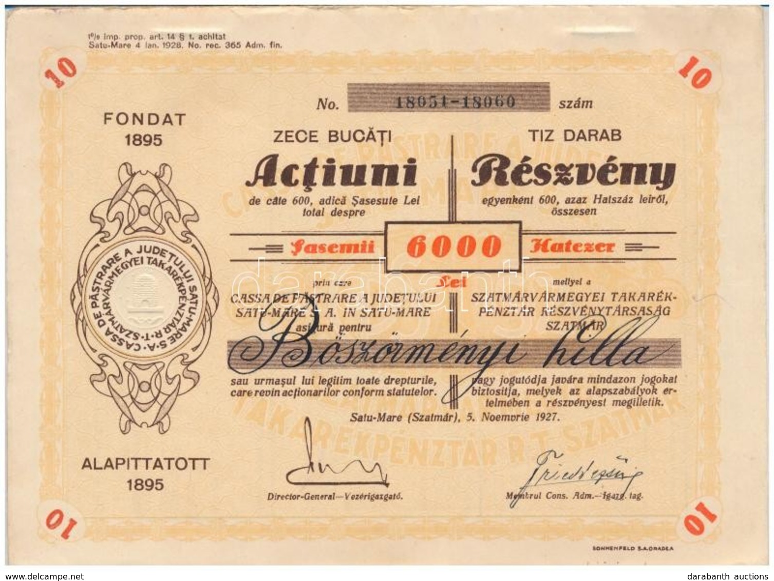 Románia / Satu-Mare (Szatmár) 1927. 'Szatmárvármegyei Takarékpénztár Részvénytársaság' Névre Szóló 10db Részvénye Egyben - Ohne Zuordnung