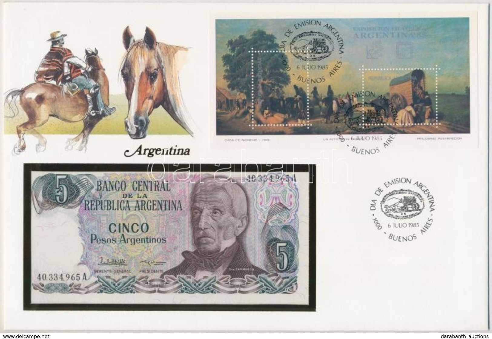 Argentína 1983-1984. 5P Borítékban, Alkalmi Bélyeggel és Bélyegzéssel T:I 
Argentina 1983-1984. 5 Pesos In Envelope With - Ohne Zuordnung