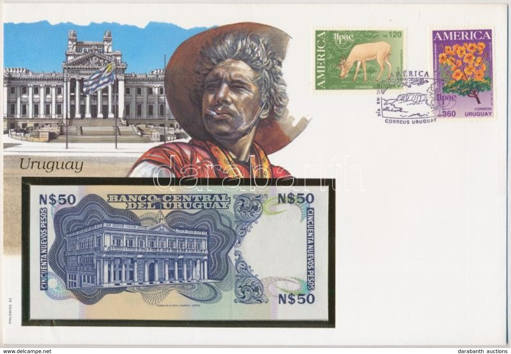 Uruguay 1989. 50P Borítékban, Alkalmi Bélyeggel és Bélyegzéssel T:I 
Uruguay 1989. 50 Pesos In Envelope With Stamps And  - Sin Clasificación