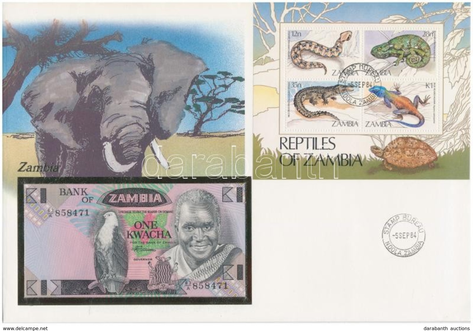 Zambia 1980-1988. 1K Borítékban, Alkalmi Bélyeggel és Bélyegzéssel T:I 
Zambia 1980-1988. 1 Kwacha In Envelope With Stam - Ohne Zuordnung
