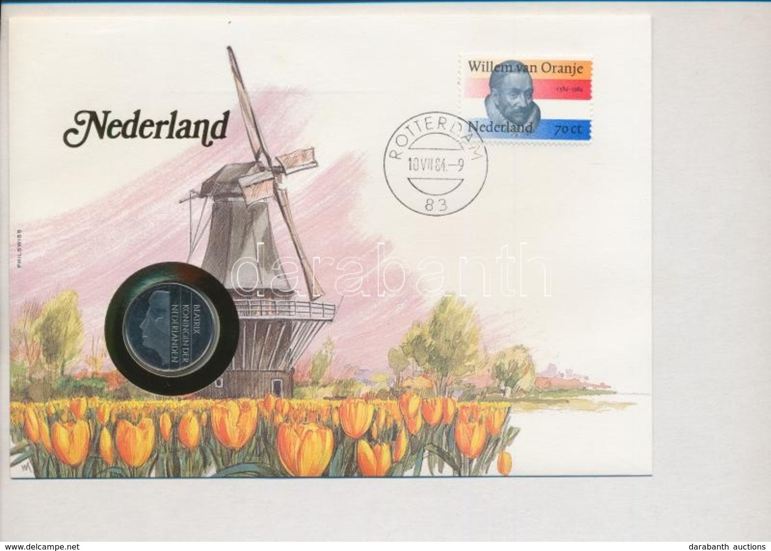 Hollandia 1983. 1G, Felbélyegzett Borítékban, Bélyegzéssel, Német Nyelvű Leírással T:1-
Netherland 1983. 1 Gulden In Env - Ohne Zuordnung