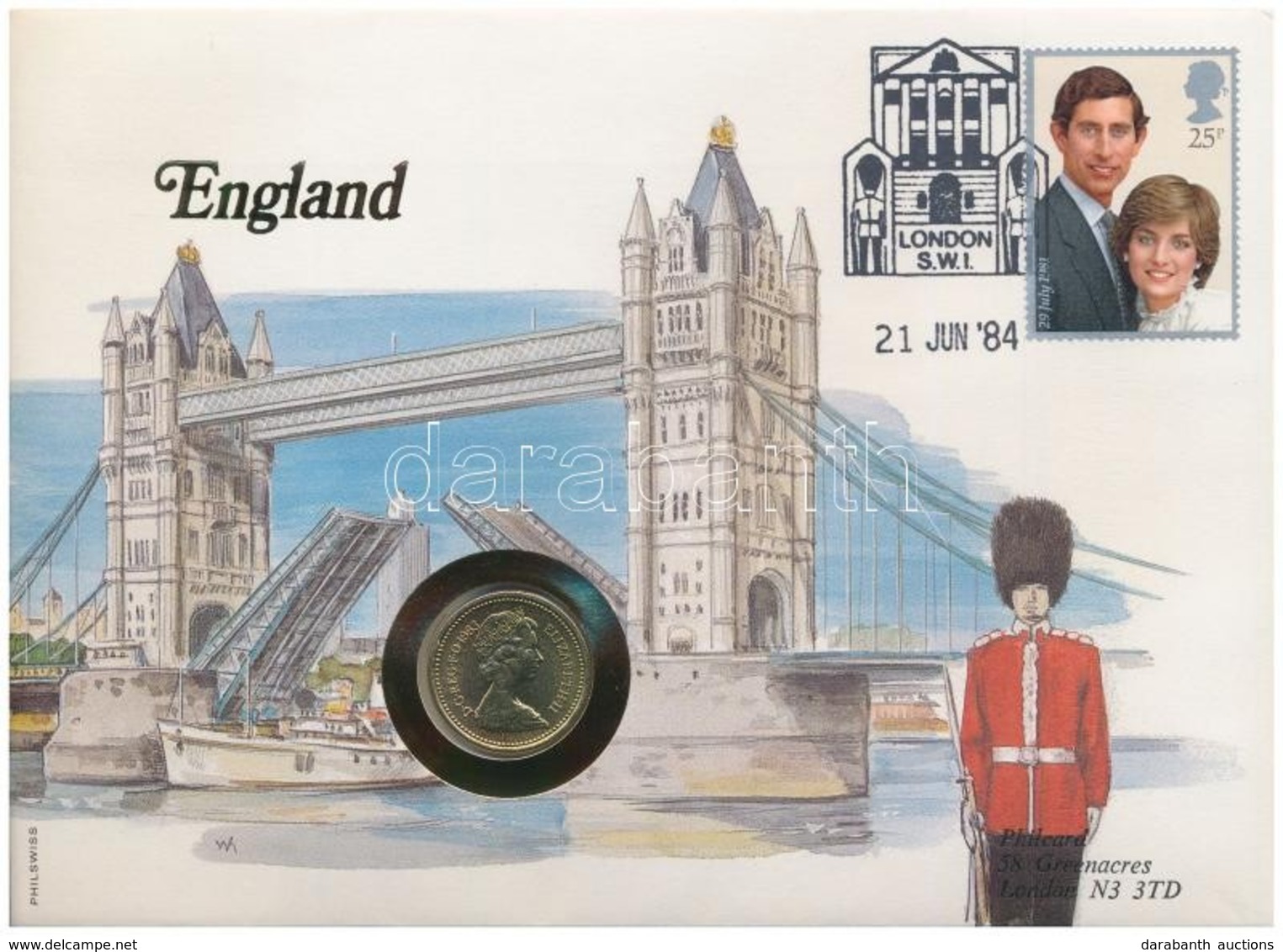 Nagy-Britannia 1983. 1P, Felbélyegzett Borítékban, Bélyegzéssel, Német Nyelvű Leírással T:1 
Great Britain 1983. 1 Pound - Ohne Zuordnung