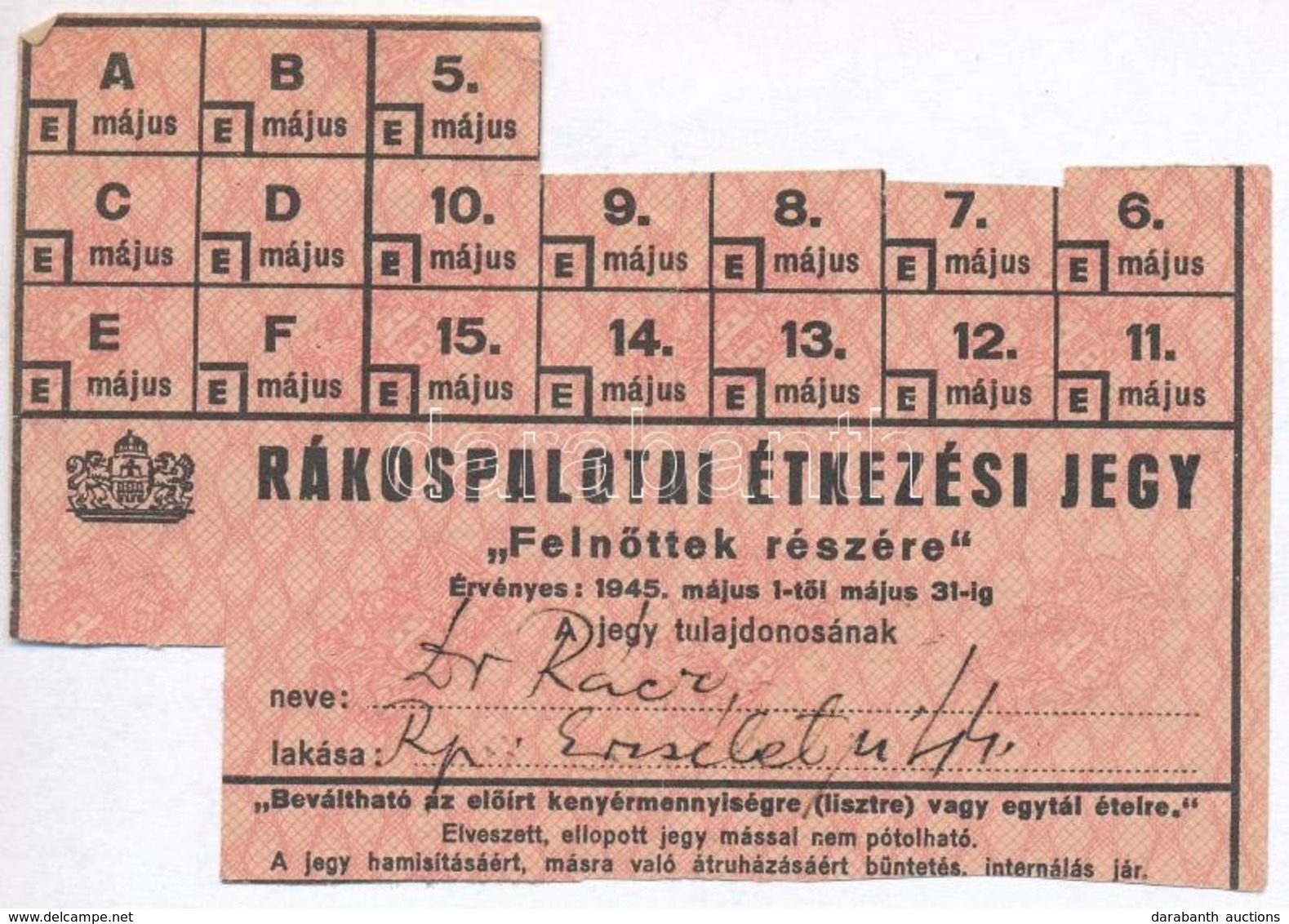 1945. 'Rákospalotai étkezési Jegy - Felnőttek Részére' Hiányos étkezési Jegy ív. - Ohne Zuordnung