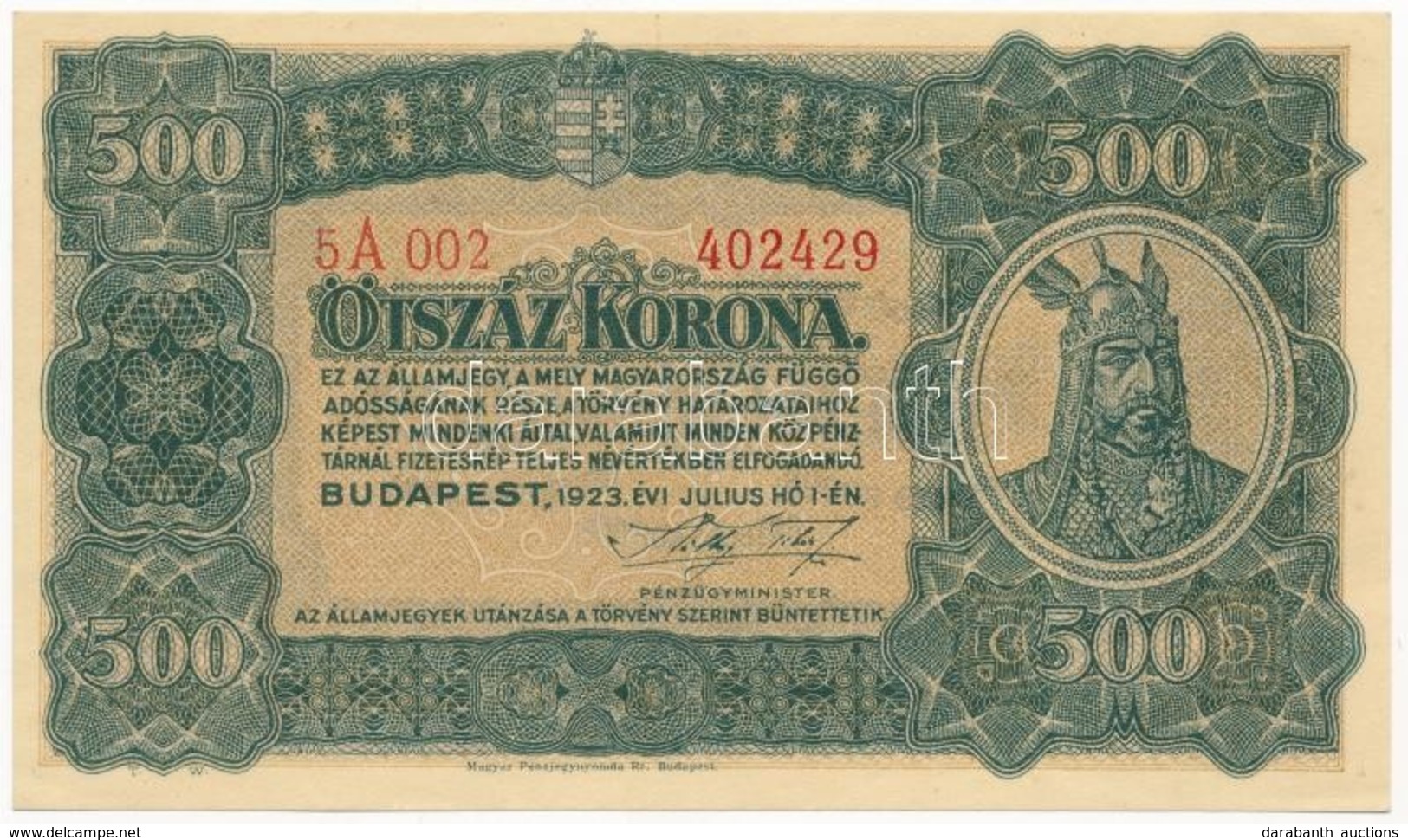 1923. 500K 'Magyar Pénzjegynyomda Rt. Budapest' Nyomdahely Jelöléssel T:I-
Adamo K34 - Unclassified