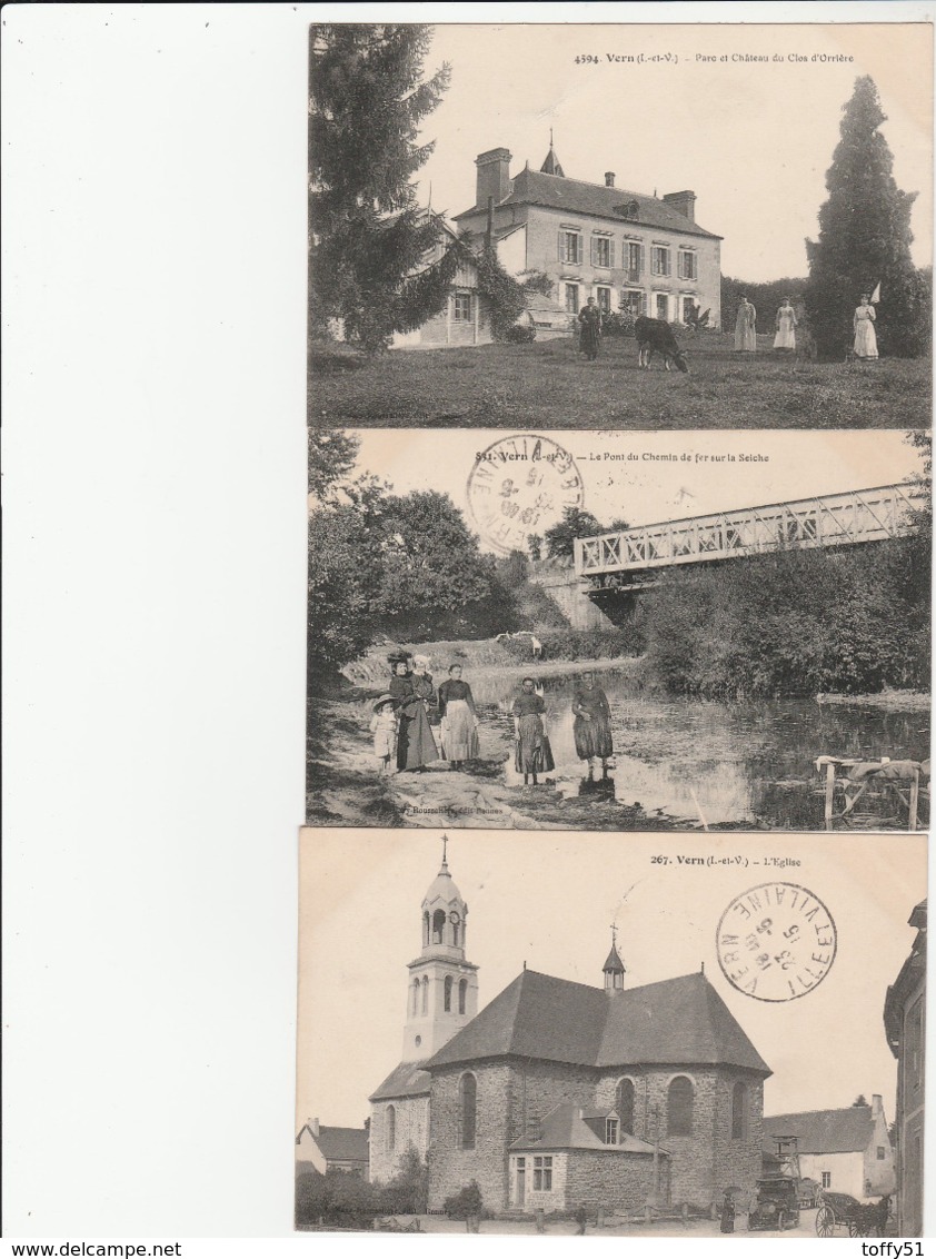 3 CPA:VERN (35)ANCIENNE VOITURE  ÉGLISE,FEMMES PONT CHEMIN DE FER,UNE VACHE PARC DU CHÂTEAU DU CLOS D'ORRIÈRE..ÉCRITES - Otros & Sin Clasificación