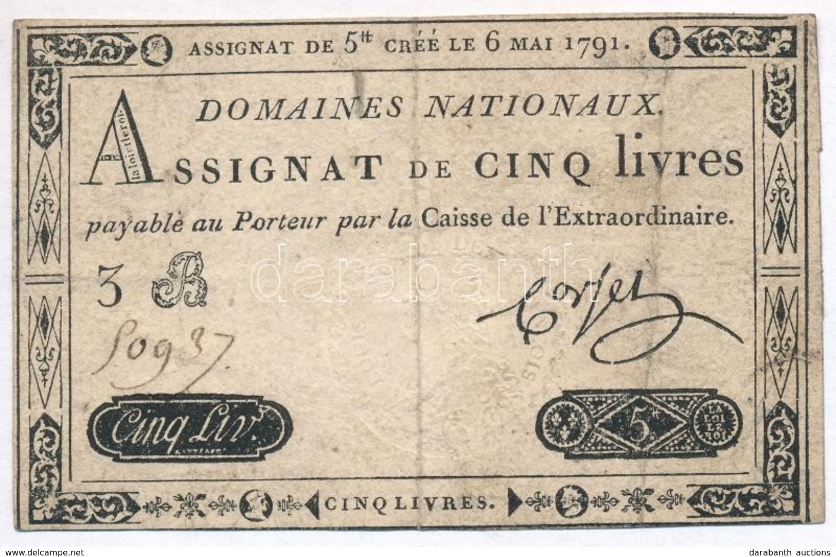 Franciaország 1791. 5L 'Assignata' Vízjeles Papíron T:III
France 1791. 5 Livre 'Assignata' On Watermarked Paper C:F - Ohne Zuordnung