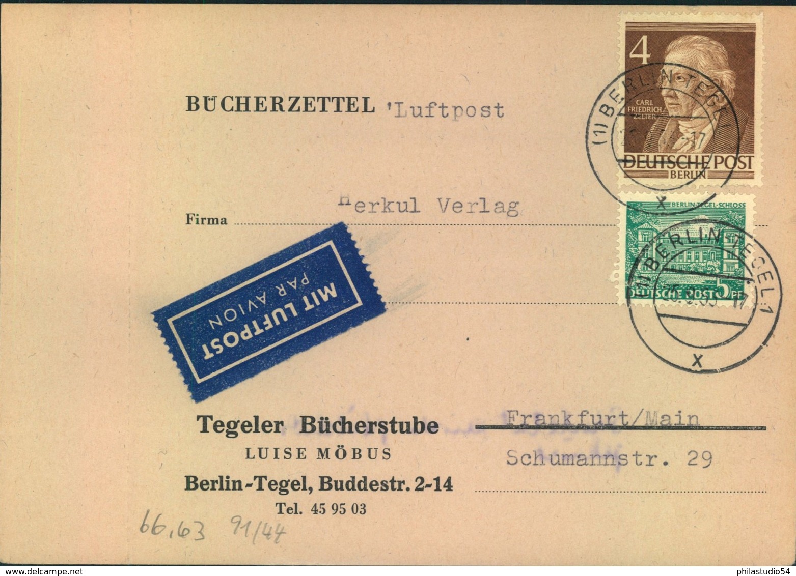 1953, Bücherzettel Per Luftpost Ab "BERLIN - TEGEL !" Mit Seltener 9 Pfg. Frankatur - Sonstige & Ohne Zuordnung