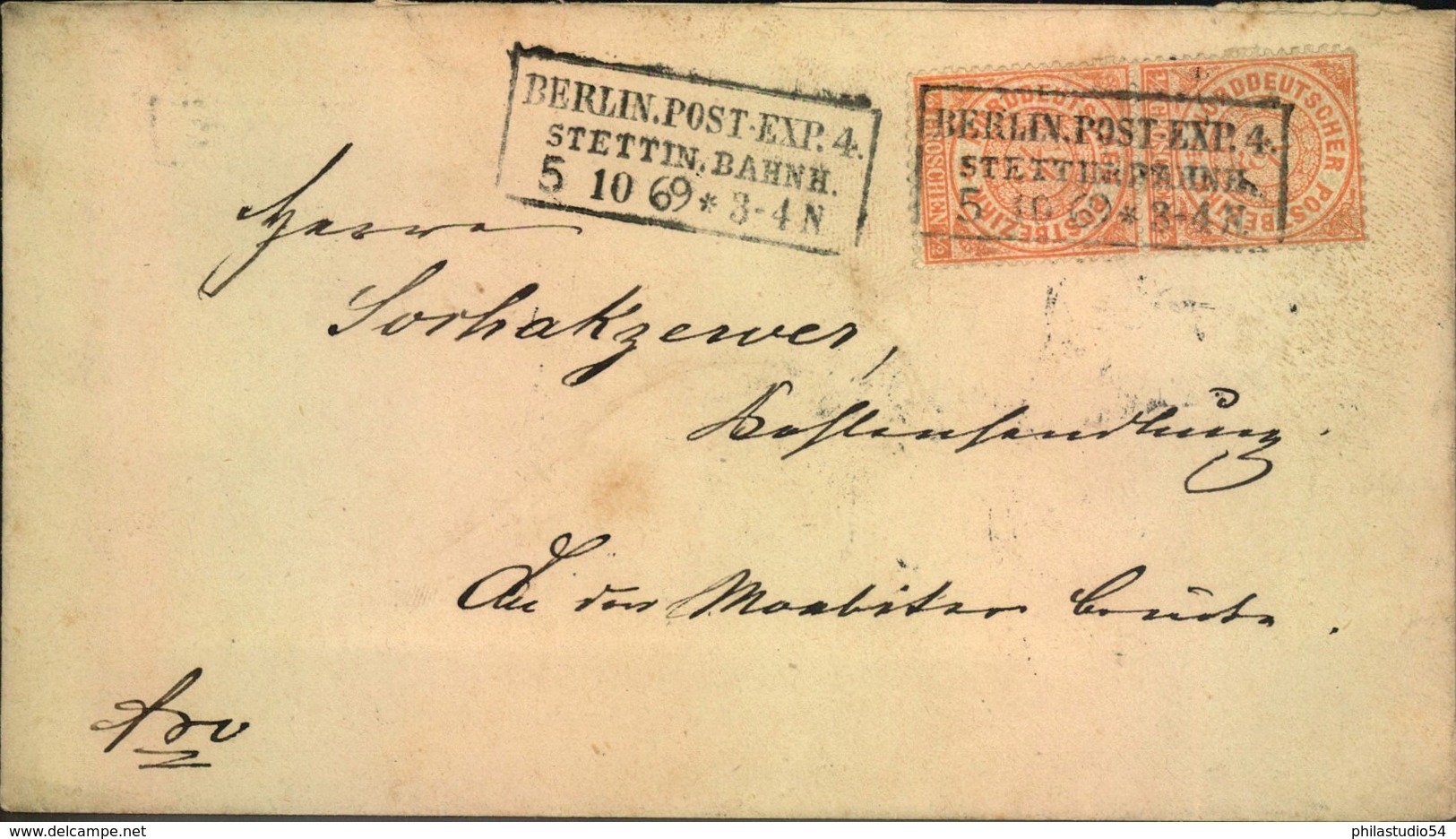 1869,Ortsbrief Mit 2-mal 1/2 Gr. Ab "BERLIN. POST-EXP. 4 STETTIN. BAHNH.. Tolle Werbung - Briefe U. Dokumente