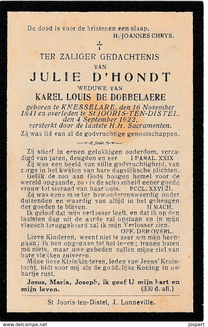 Knesselare, Sint-Joris-ten-Distel, 1922, Julie D'Hondt, De Dobbelaere - Images Religieuses