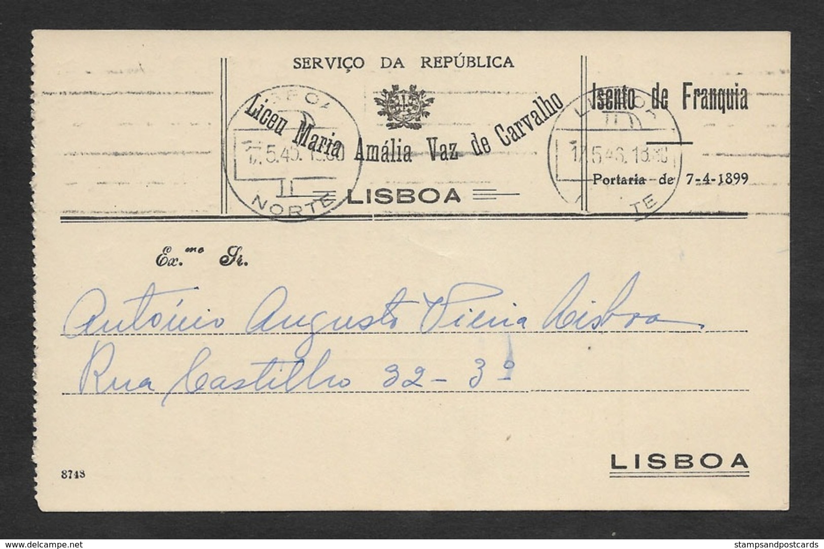 Portugal Entière Carte Officielle SR Ecole Maria Amalia Vaz De Carvalho 1945 Official Stationery Card School - Storia Postale