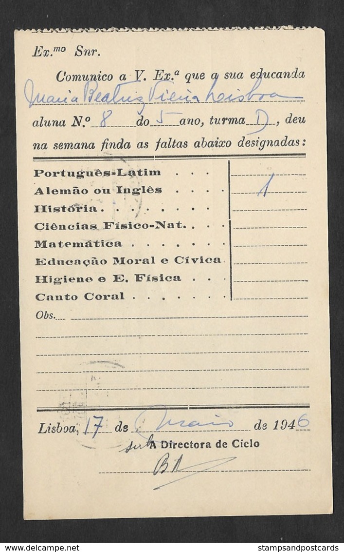 Portugal Entière Carte Officielle SR Ecole Maria Amalia Vaz De Carvalho 1945 Official Stationery Card School - Covers & Documents
