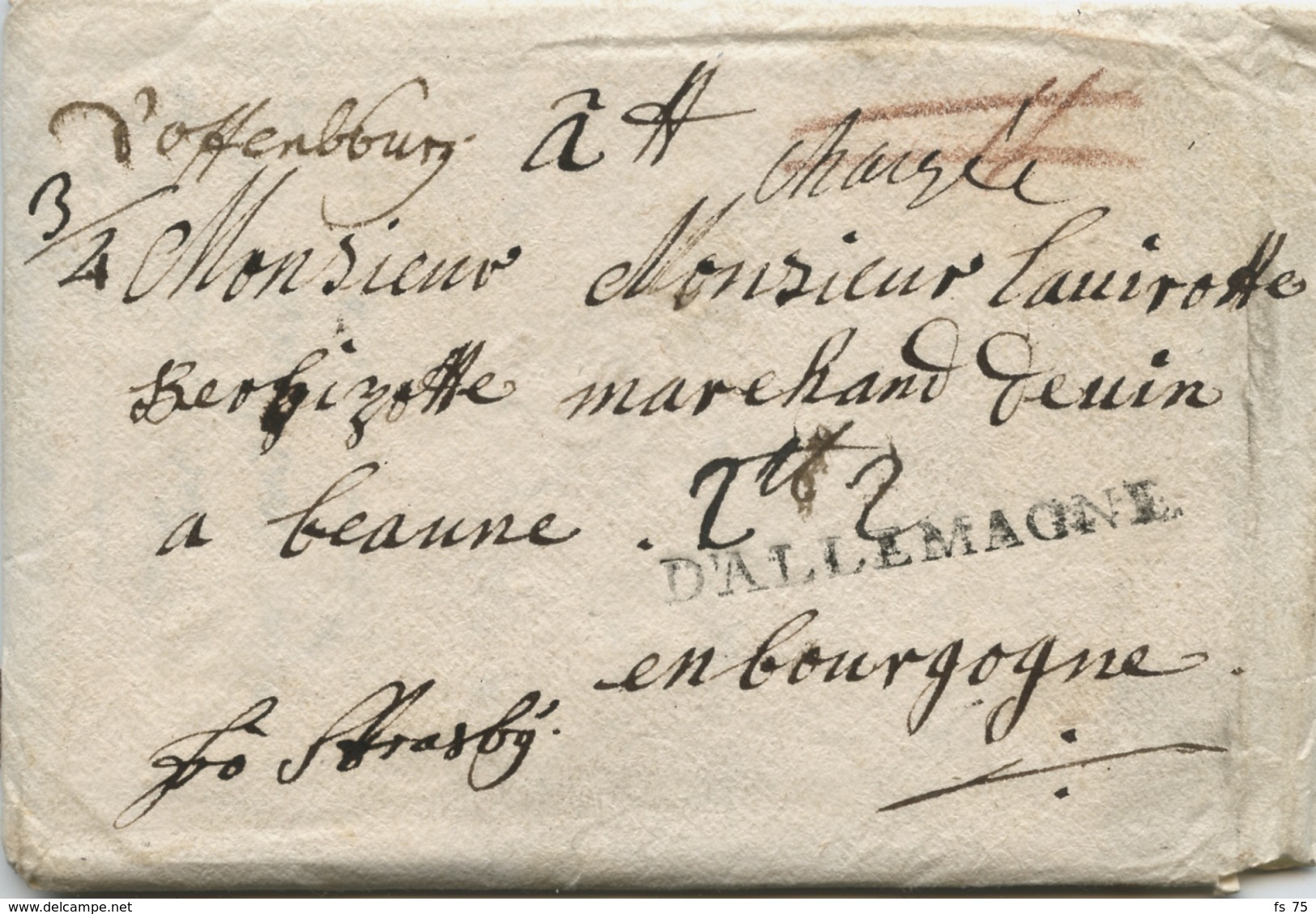 ALLEMAGNE - D'OFFENBURG + CHARGE MANUSCRIT + FCO STRASBG + D'ALLEMAGNE SUR LETTRE AVEC TEXTE POUR LA FRANCE, 1749 - [Voorlopers
