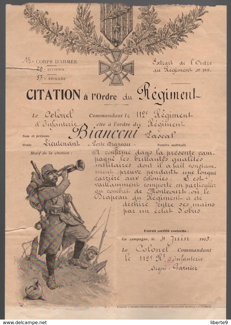 Guerre 1914 1918 Citation à L Ordre Du Regiment 15e Corps D Armée 29e Division 57e Brigade 112e D Infanterie Toulon 1915 - Documentos Históricos