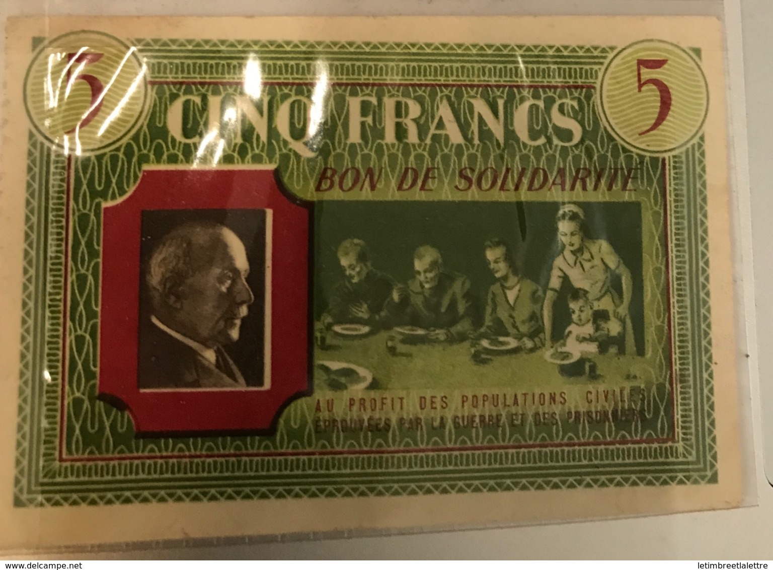 BILLET CINQ FRANCS BON DE SOLIDARITE MARECHAL PETAIN - TRES BON ETAT - Bonds & Basic Needs