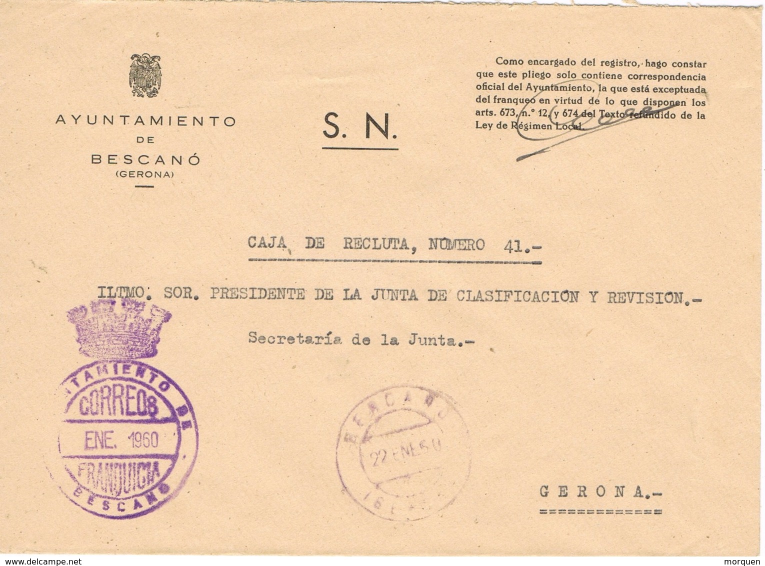 34023. Carta S.N. Franquicia Ayuntamiento BESCANÓ (Gerona) 1960. Fechador. Caja Recluta - Cartas & Documentos