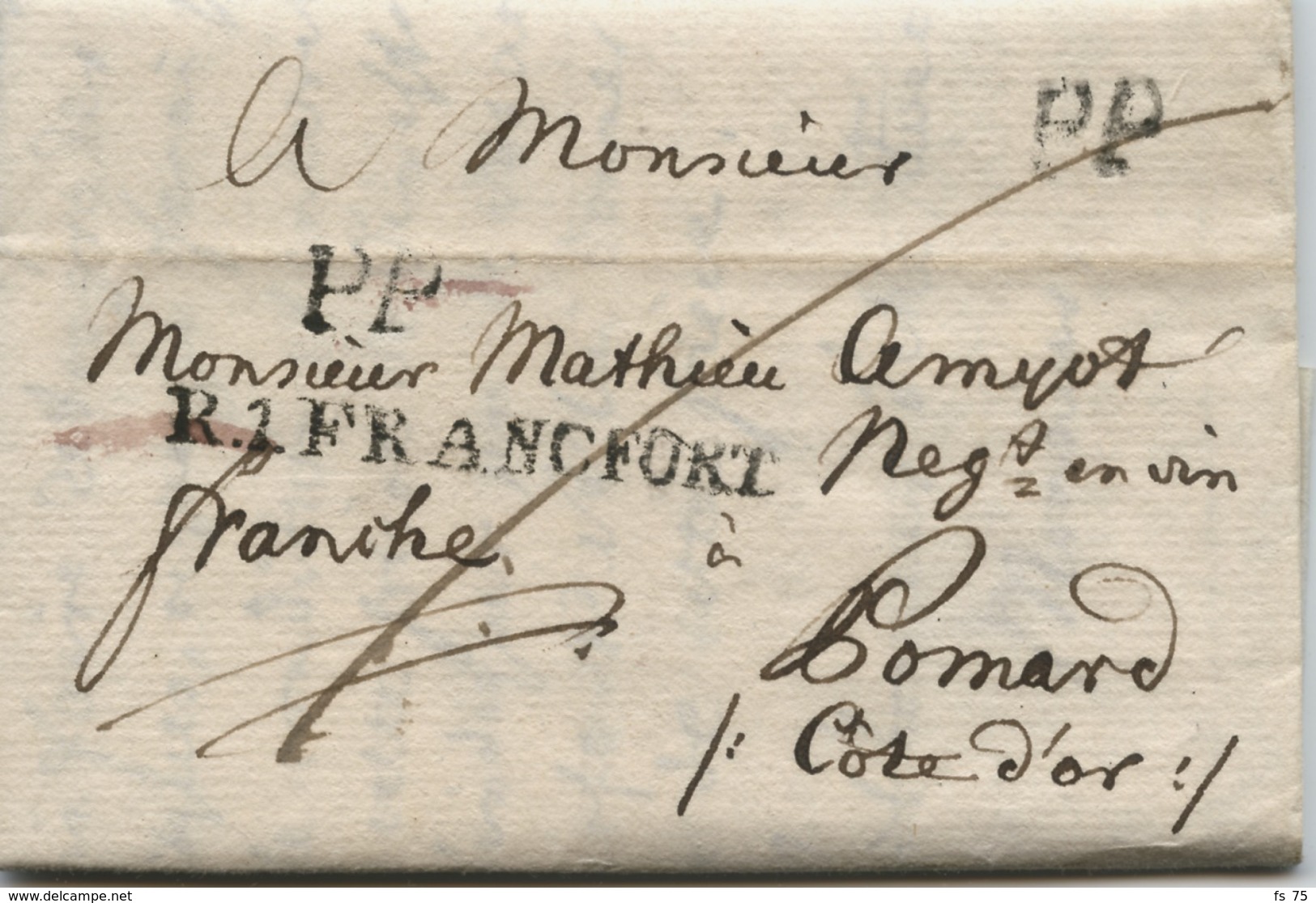 ALLEMAGNE - R.1 FRANCFORT + PP SUR LETTRE AVEC TEXTE POUR LA FRANCE, 1805 - Prephilately