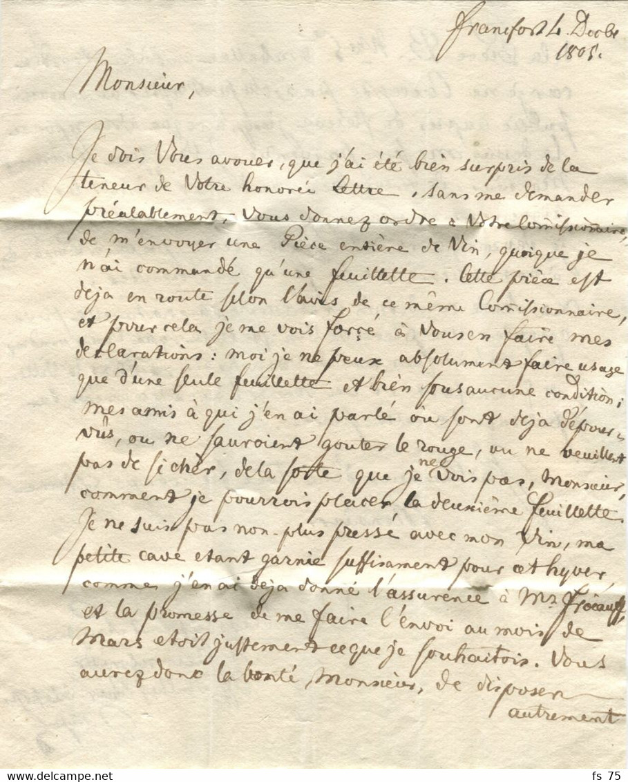 ALLEMAGNE - R.1 FRANCFORT + PP SUR LETTRE AVEC TEXTE POUR LA FRANCE, 1805 - Prefilatelia