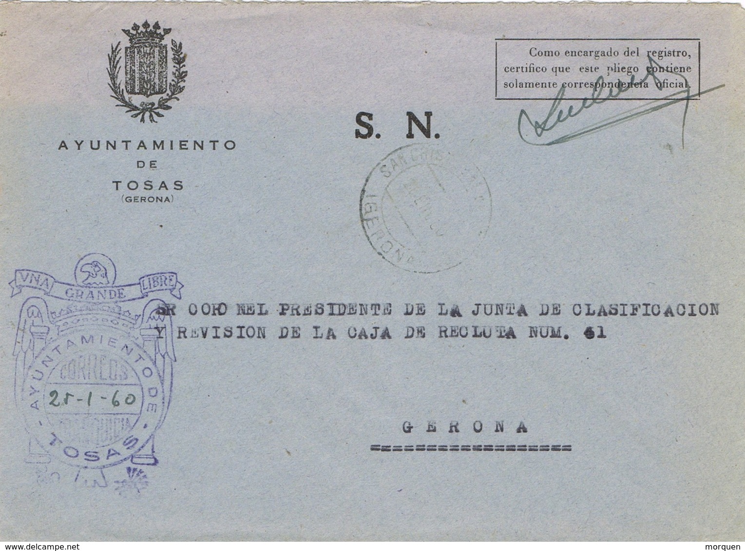 34024. Carta S.N. Franquicia Ayuntamiento TOSAS (Gerona) 1960. Fechador San Cristobal De Tosas - Cartas & Documentos