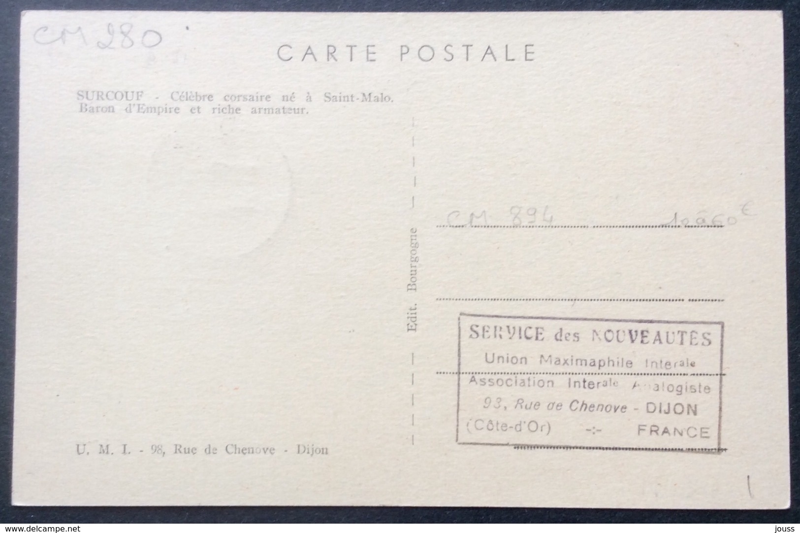 CM280 Carte Maximum 894 Surcouf Saint Malo Ille Et Vilaine 4/9/1951 - 1950-1959