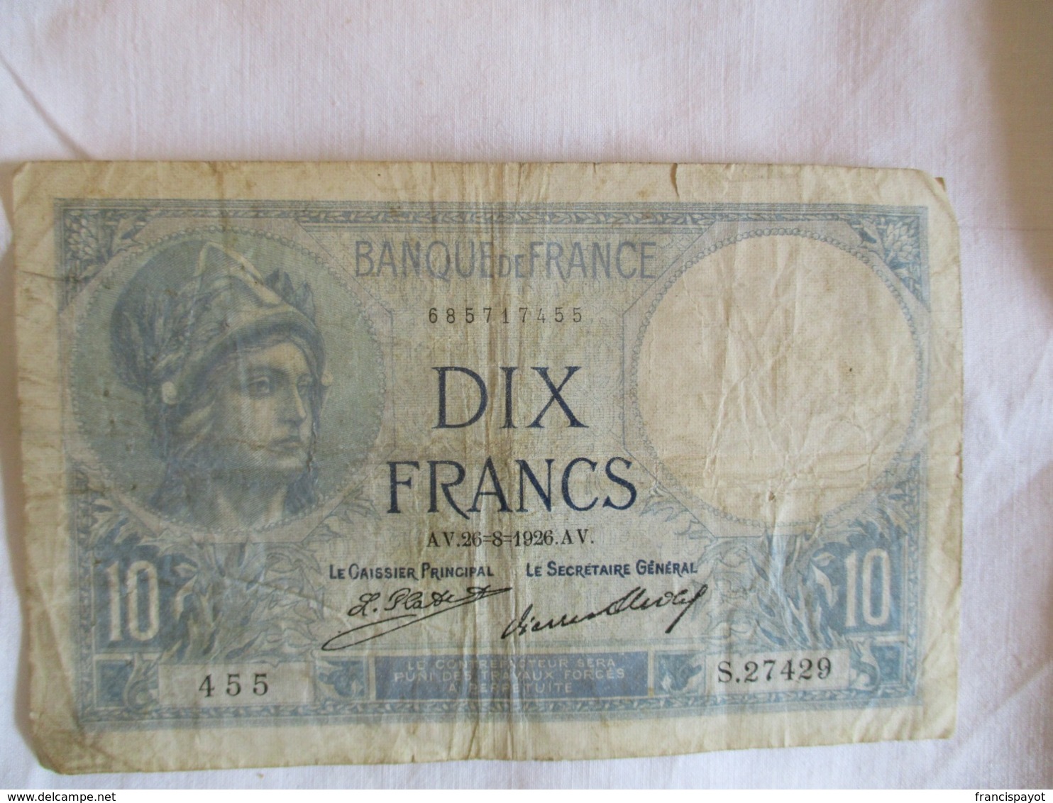 France: 10 Francs 1926 - 10 F 1916-1942 ''Minerve''