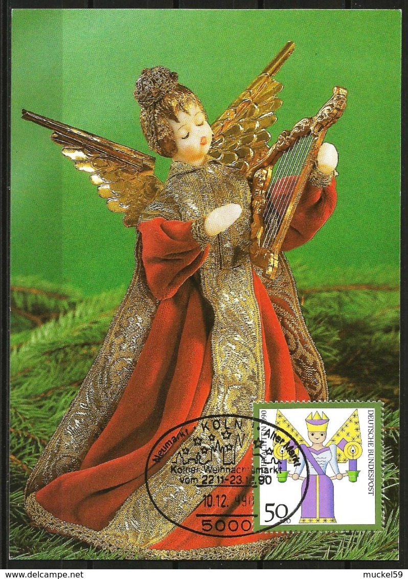 Germany Maximum Card Maxicard Christmas 1990 Angel With Harp Koelner Weihnachtsmarkt Cancellation - Other & Unclassified