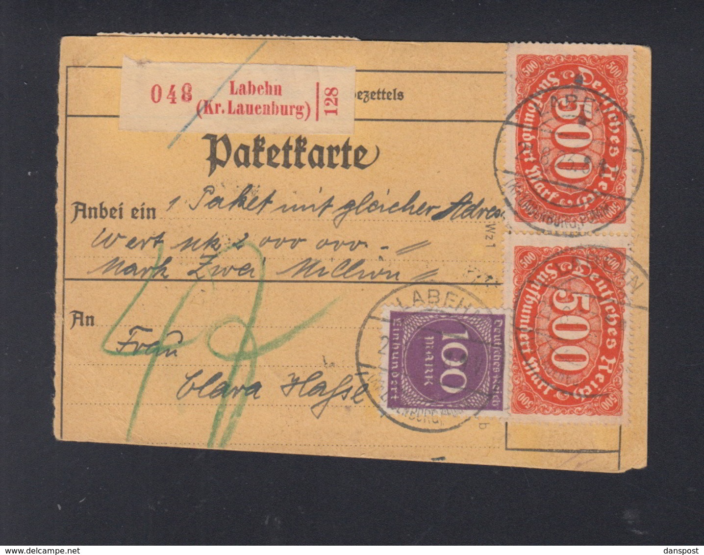 Dt. Reich Paketkartenabschnitt 1923 Labehn - Lettres & Documents