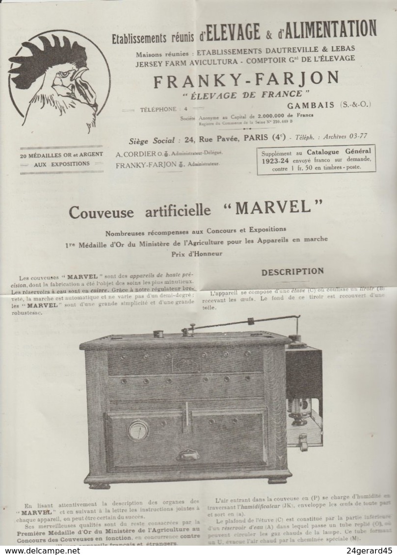 DEPLIANT PUBLICITAIRE TECHNIQUE - Couveuse Artificielle "MARVEL" FRANKY FARJON GAMBAIS Seine Et Oise - Pubblicitari