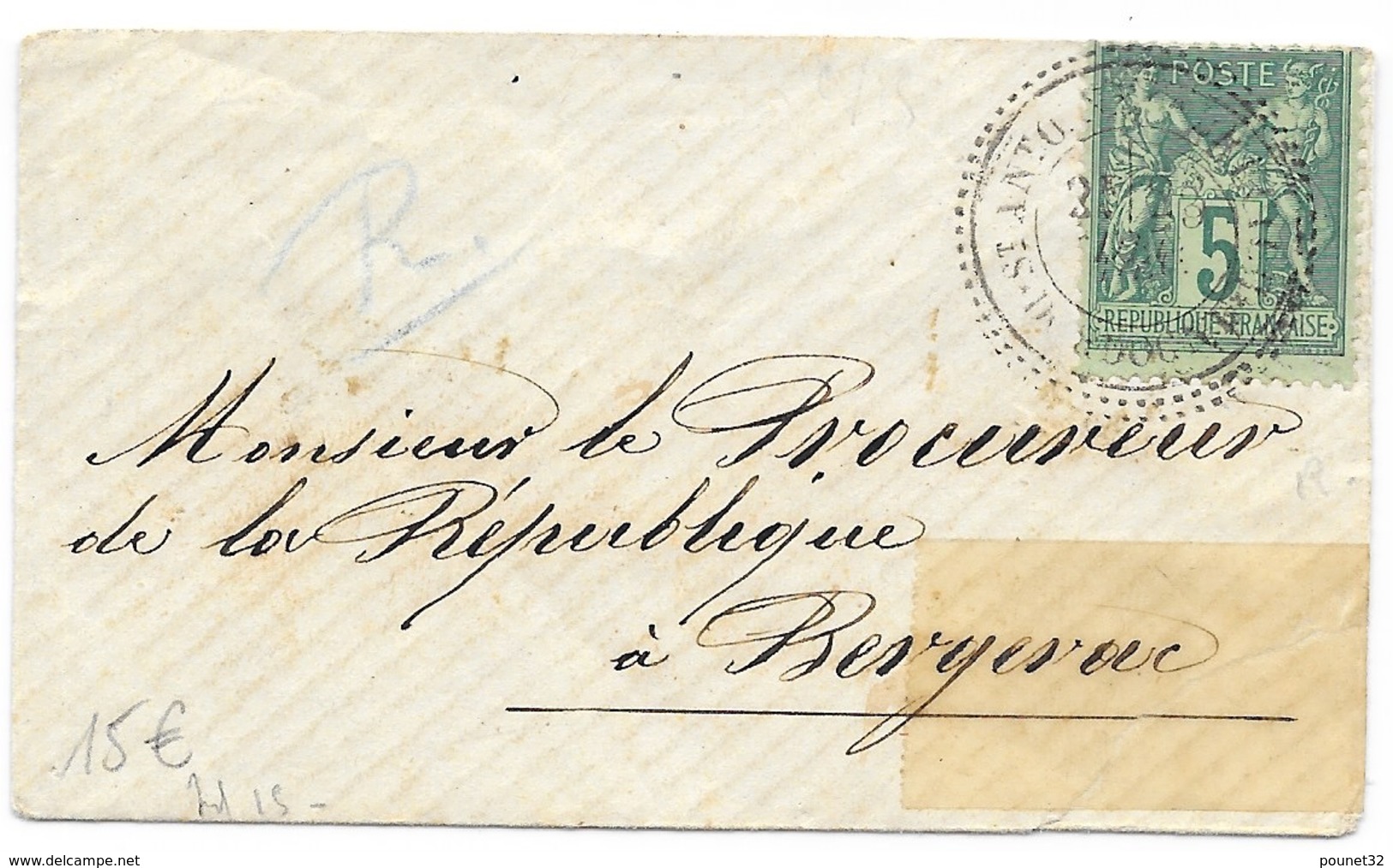 FRANCE : PETITE ENVELOPPE AFFRANCHIE A 5c AVEC UN SAGE N° 75 RARE CACHET PERLE DE ST ANTOINE DE BREUILH DORDOGNE - 1877-1920: Période Semi Moderne