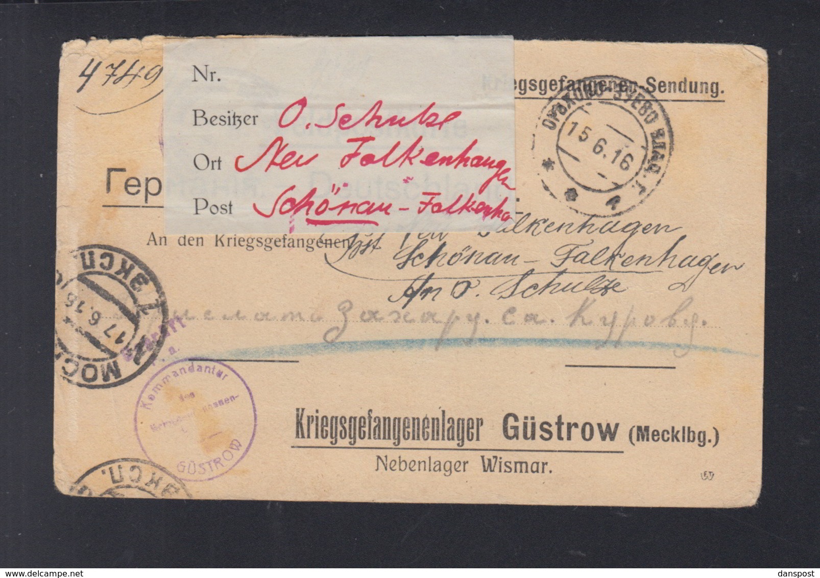 Russland Kriegsgefangenensendung 1916 Nach Lager Güstrow - Covers & Documents