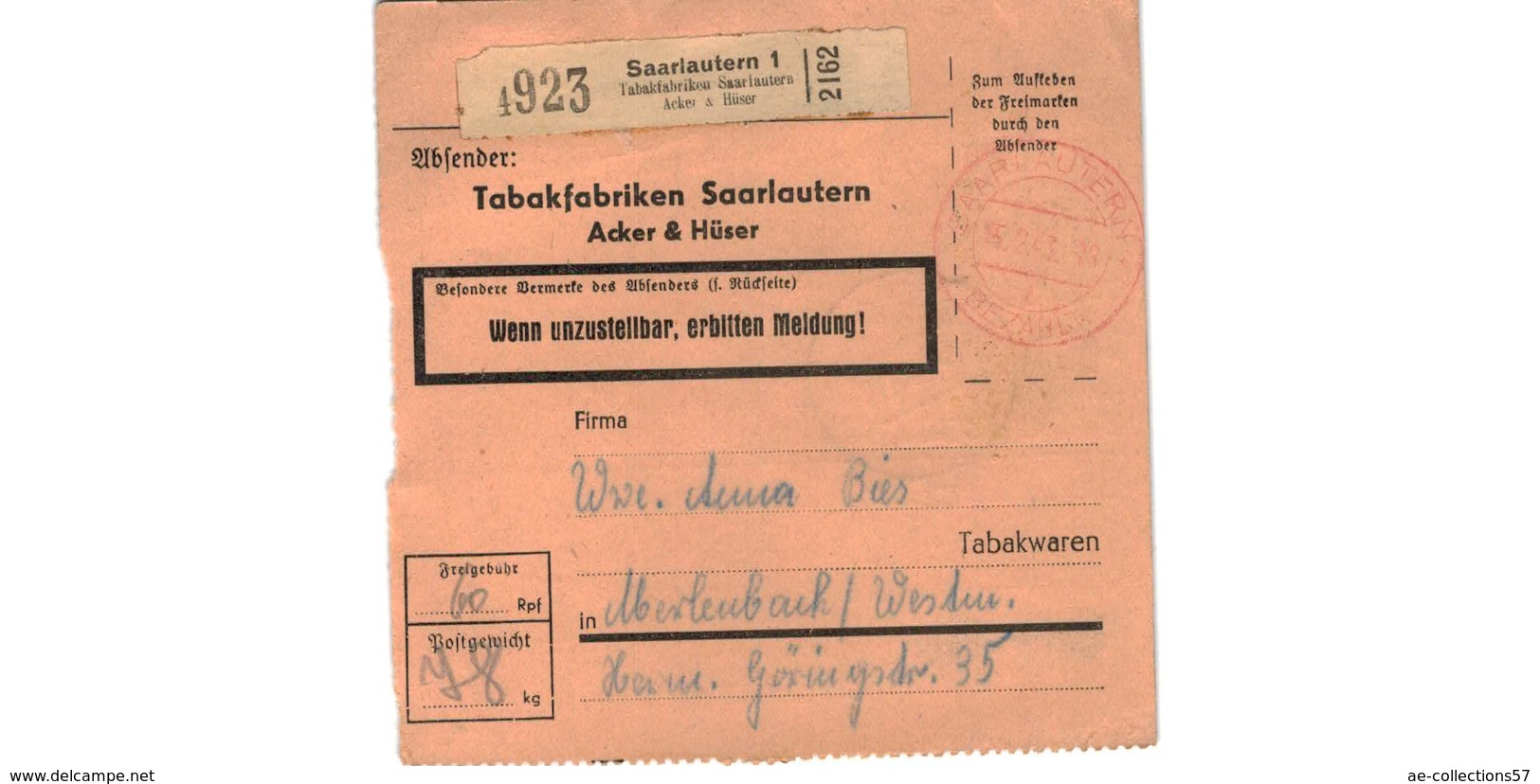 Colis Postal  / De Saarlautern / Tabakfabriken Acker &  Hüser  / 15-2-43 - Covers & Documents