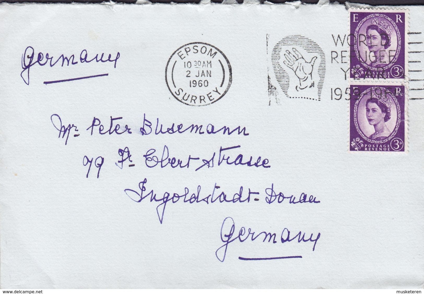 Great Britain Slogan 'World Refugee Year 1959-1960' EPSOM Surrey 1960 Cover Brief INGOLSTADT 2x 3d. QEII. - Cartas & Documentos