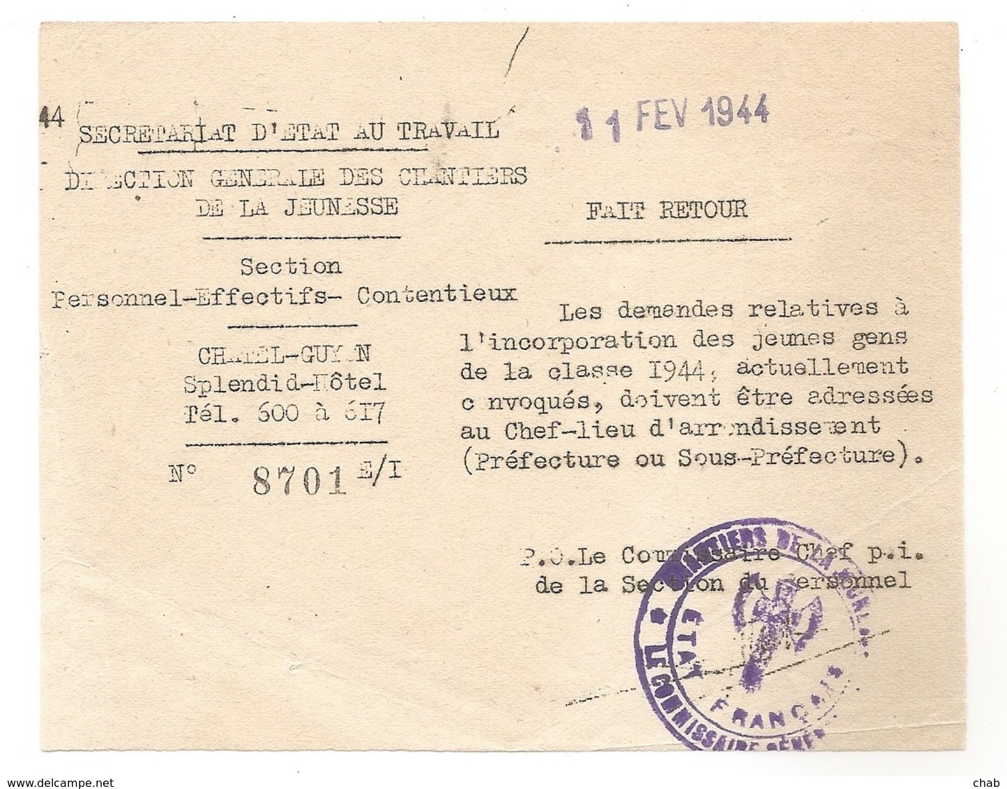 DIRECTION GENERALE DES CHANTIERS DE LA JEUNESSE - Chatel 111assGuyon - Billet D'information - Chantier De Jeunesse - WW2 - 1939-45