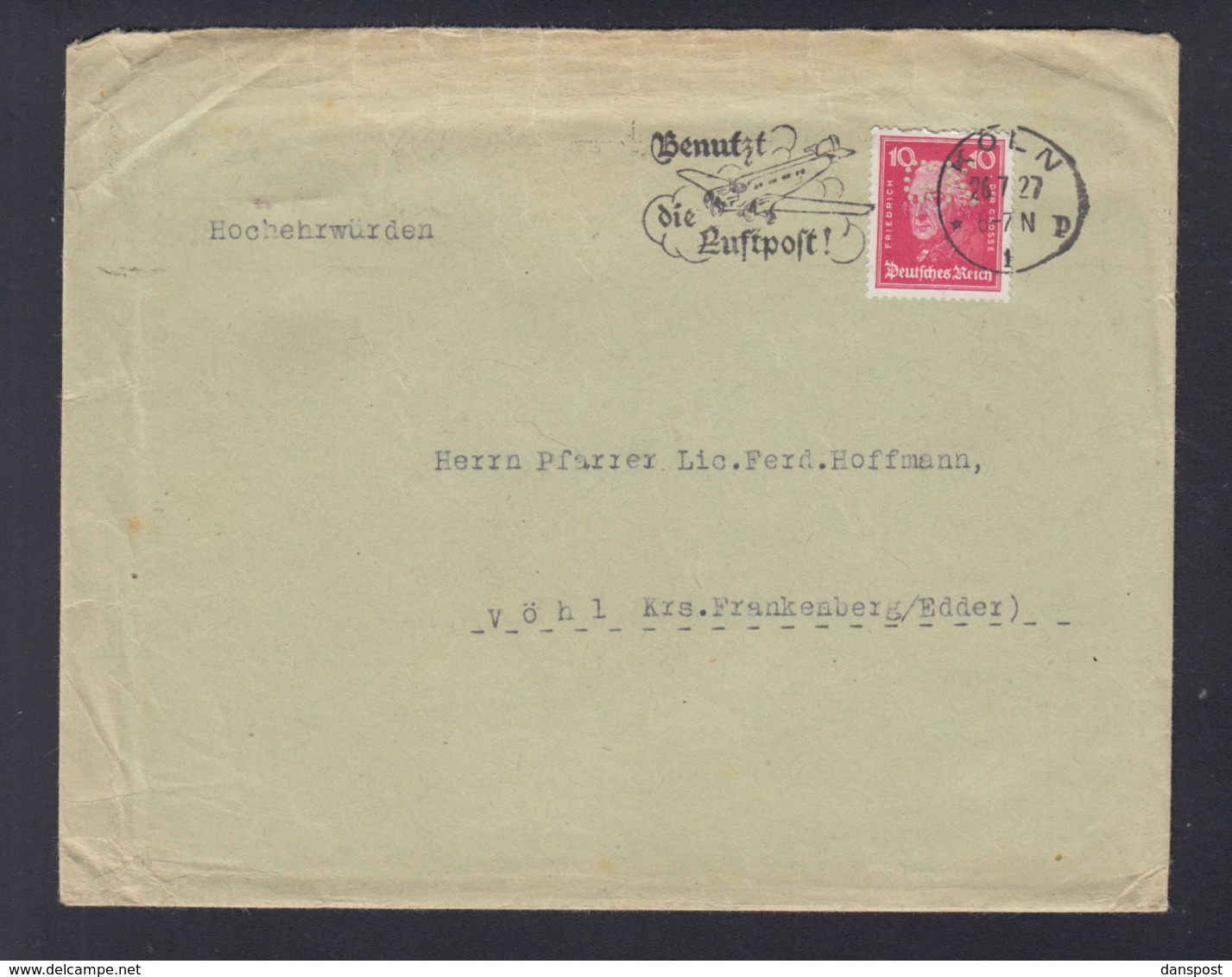 Dt. Reich Brief 1927 Lochung Gerling Konzern Köln - Lettres & Documents