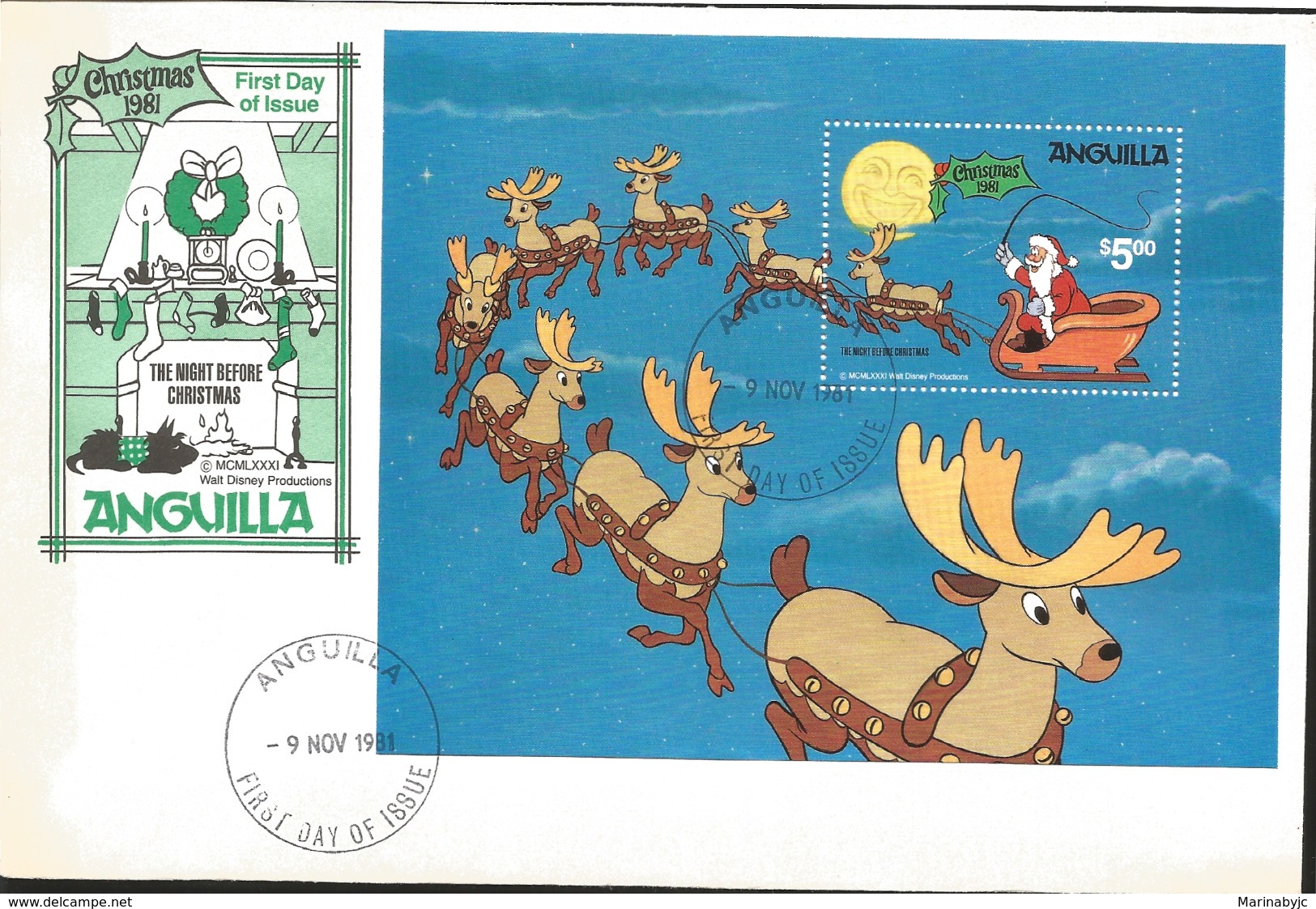 J) 1981 ANGUILLA, CHRISTMAS, THE NIGHT BEFORE CHRISTMAS, SANTA WITH REINDEER, SOUVENIR SHEET, FDC - Anguilla (1968-...)