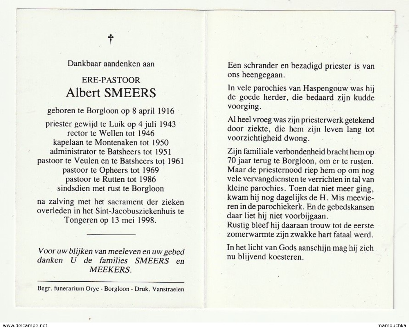 Doodsprentje Albert SMEERS Borgloon 1916 Priester Luik Liège Wellen Montenaken Batsheers Opheers Rutten Tongeren 1998 - Devotion Images