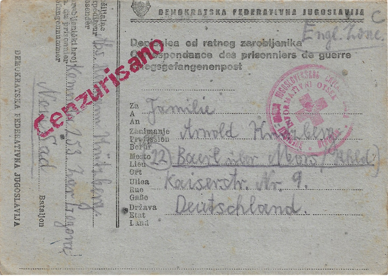 DOPISNICA OD RATMOG ZAROBLJENIKA   26 2 1947   Vers L'Allemagne Zone Anglaise - Cartas & Documentos