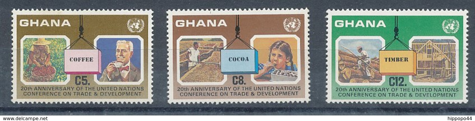 1985, Ghana- Y&T N°895/897 Neufs - Café, Coffe, Cacao, Cocoa, Bois, Timber. - Ghana (1957-...)